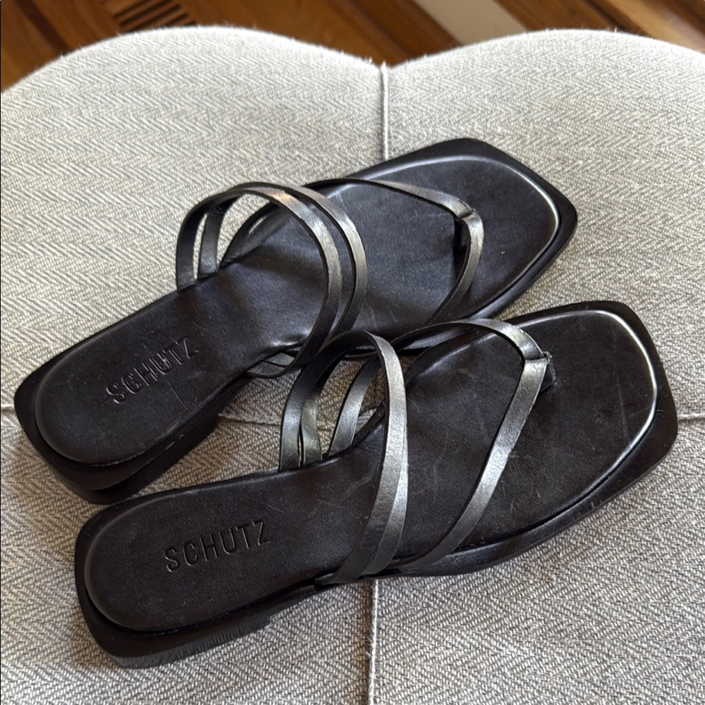 SCHUTZ Black Minimalist Sandals with Crisscross Straps